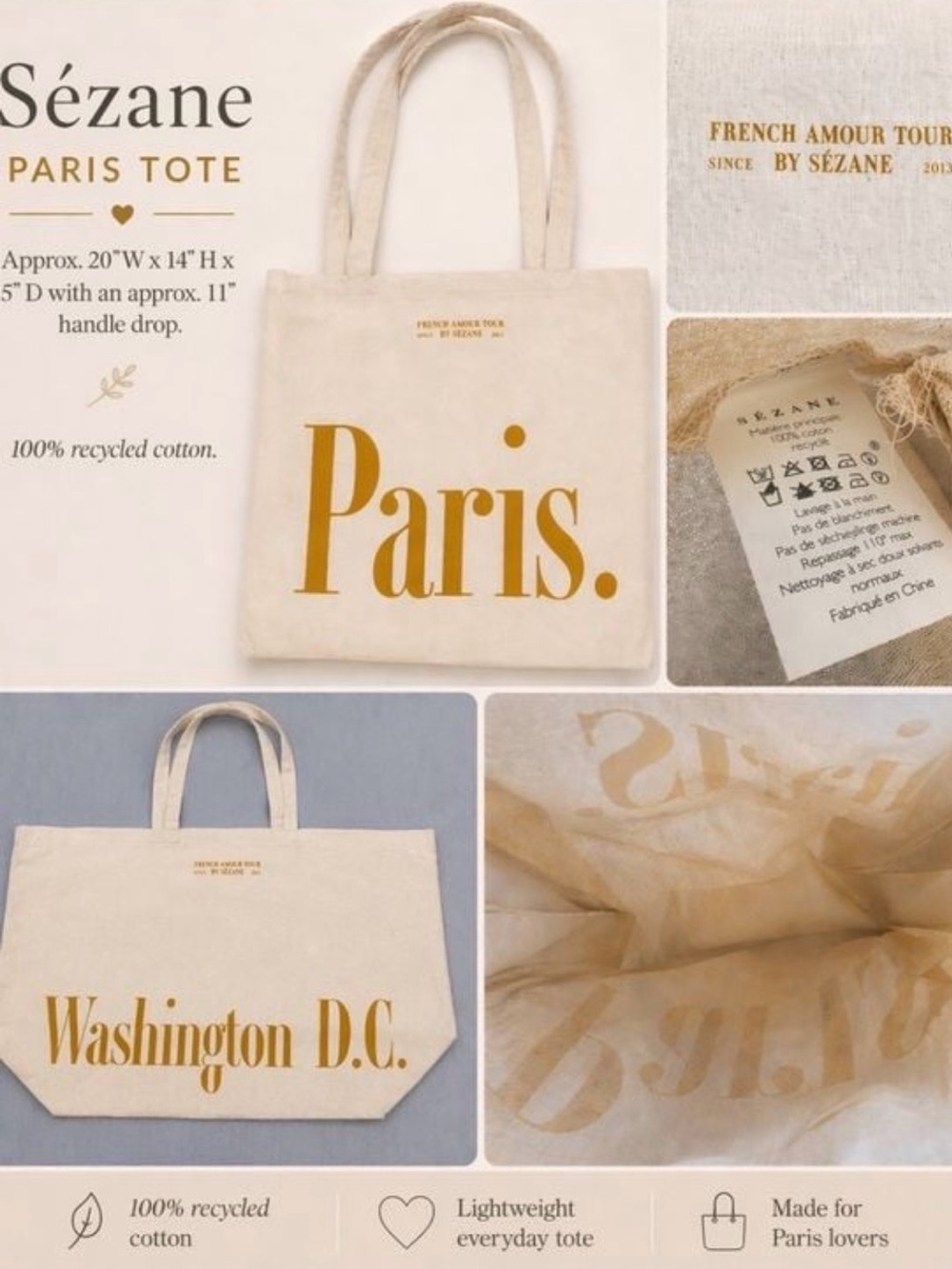 Sézane Cream Canvas Tote with Mustard Yellow 'Paris' Print